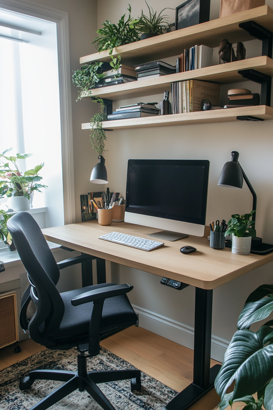 Home office. Compact standing desk with open shelving.