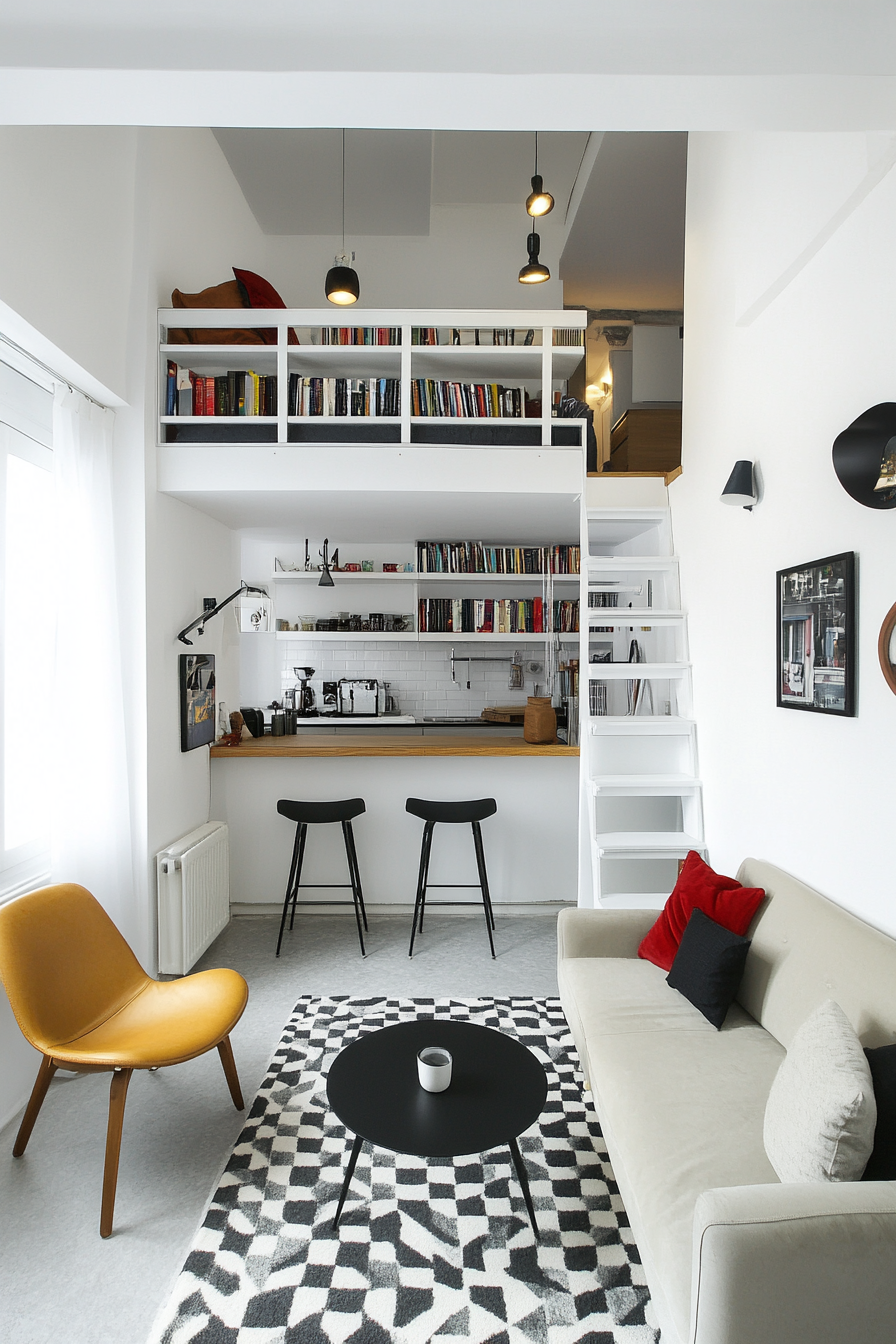 Urban tiny living room. Lofted bed, white walls, wall-mounted bookshelf.