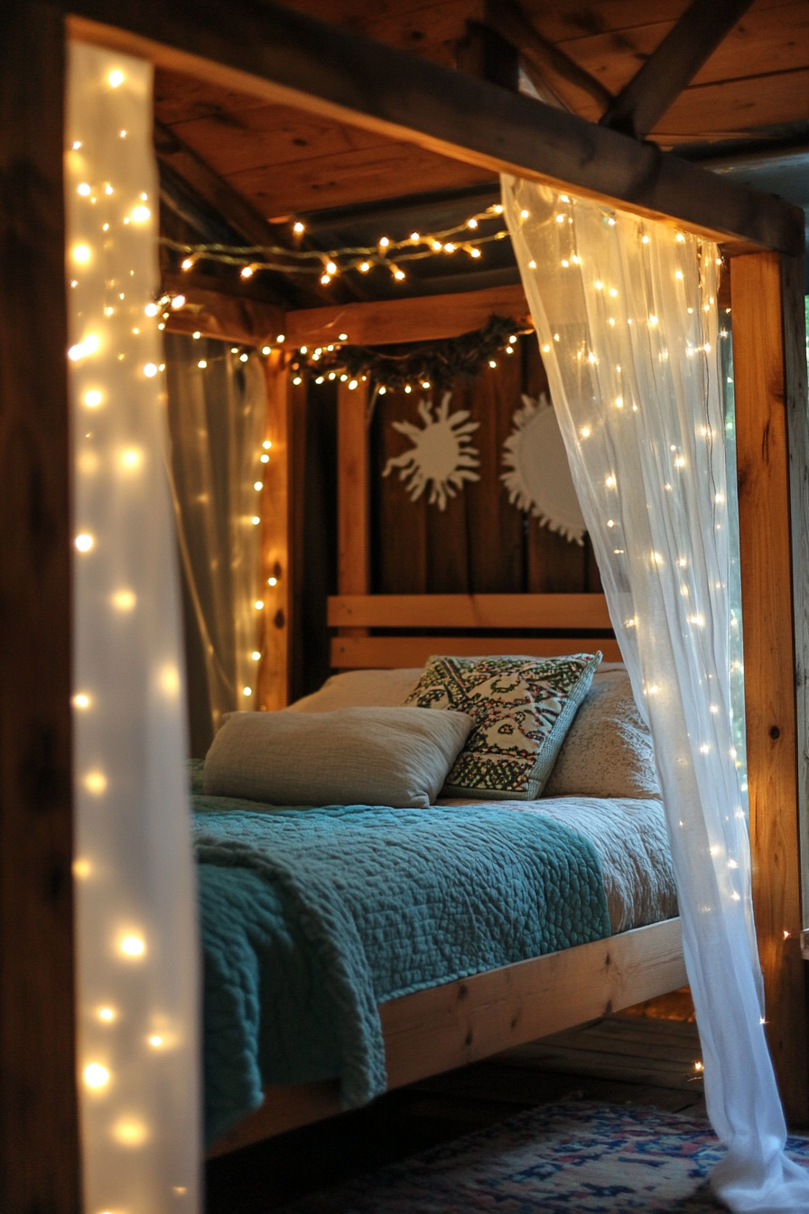 Boho whimsical bedroom. Rustic timber bed framed by draped fairy lights.