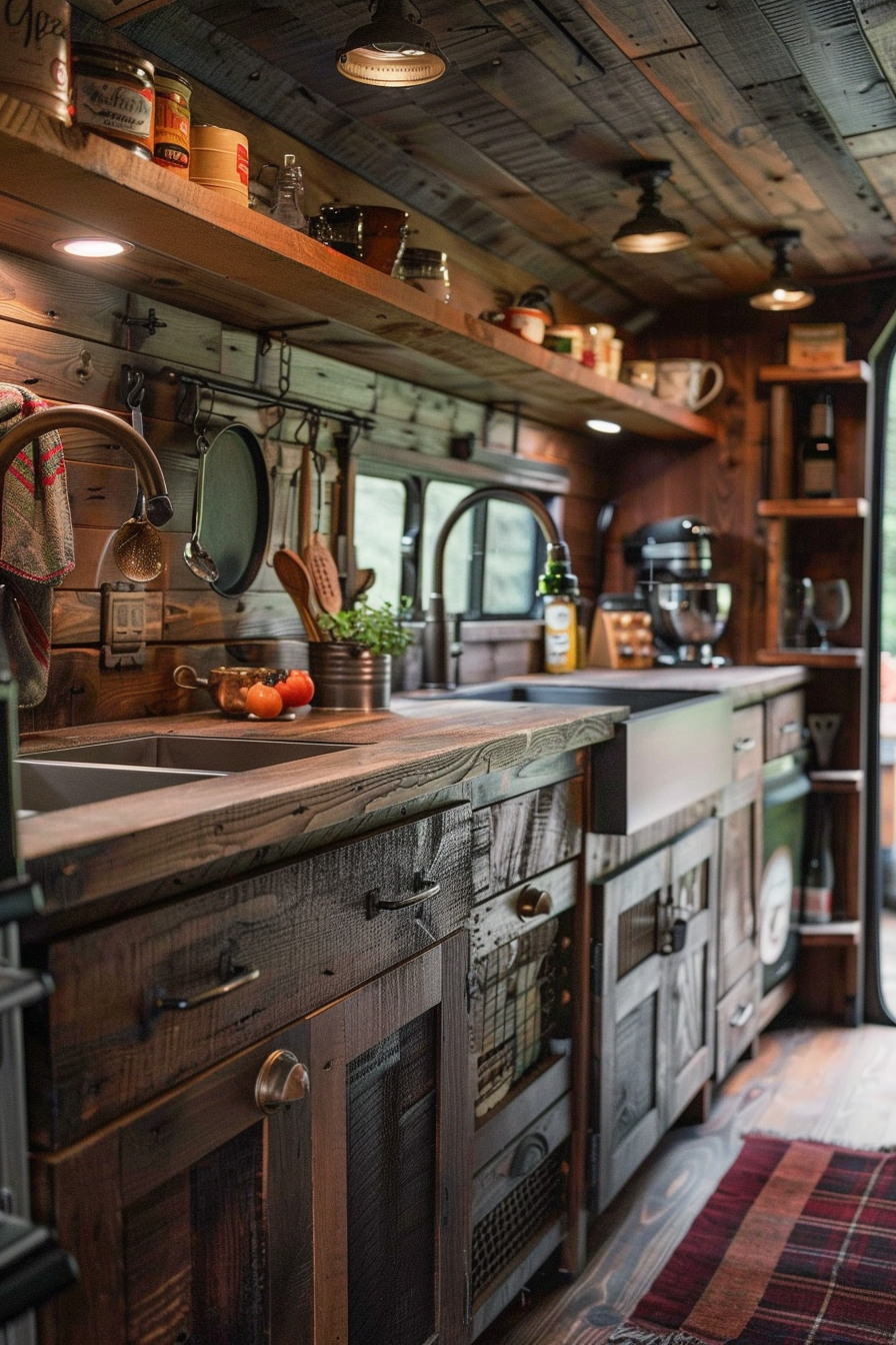 Rustic camper van kitchen. Mahogany cabinetry accented with antique bronze handles.