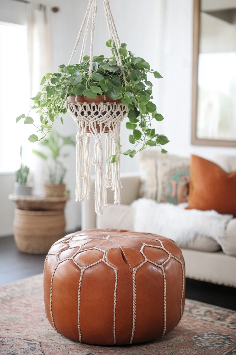 Boho living room. Leather pouf paired with hanging macrame plant holder.