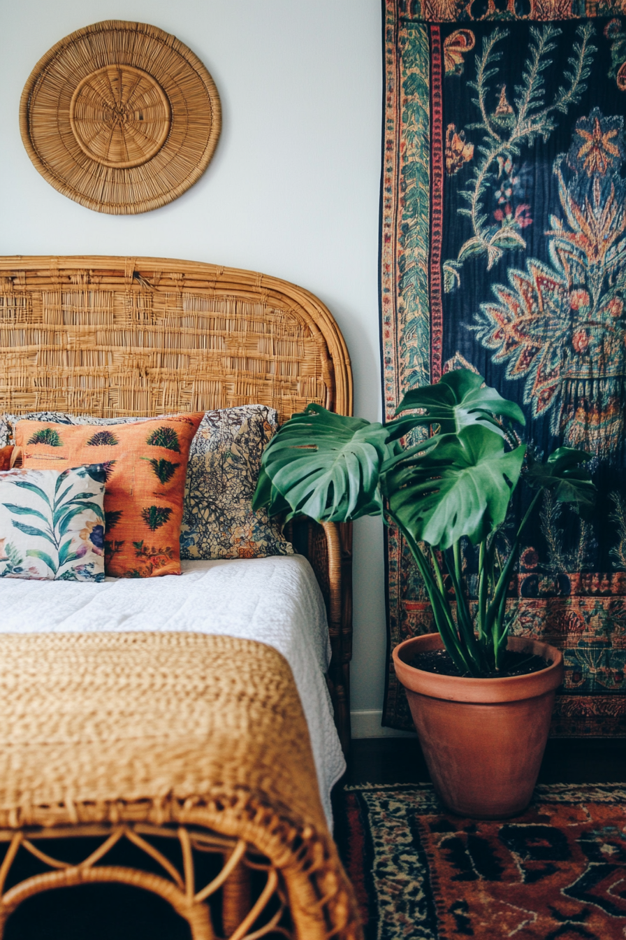 Earthy boho bedroom. Rattan headboard, jungle-themed tapestry, terra-cotta pot with monstera plant.