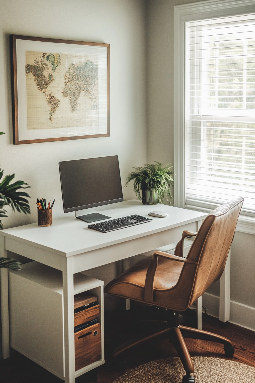 Modern Farmhouse remote work setup. White farmhouse desk with mid-century modern office chair.