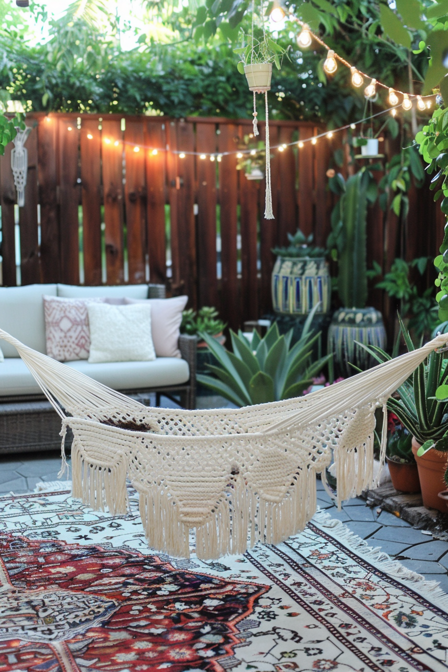 Chic Boho patio. White macrame hammock, Persian rug, potted succulents, and string lights.