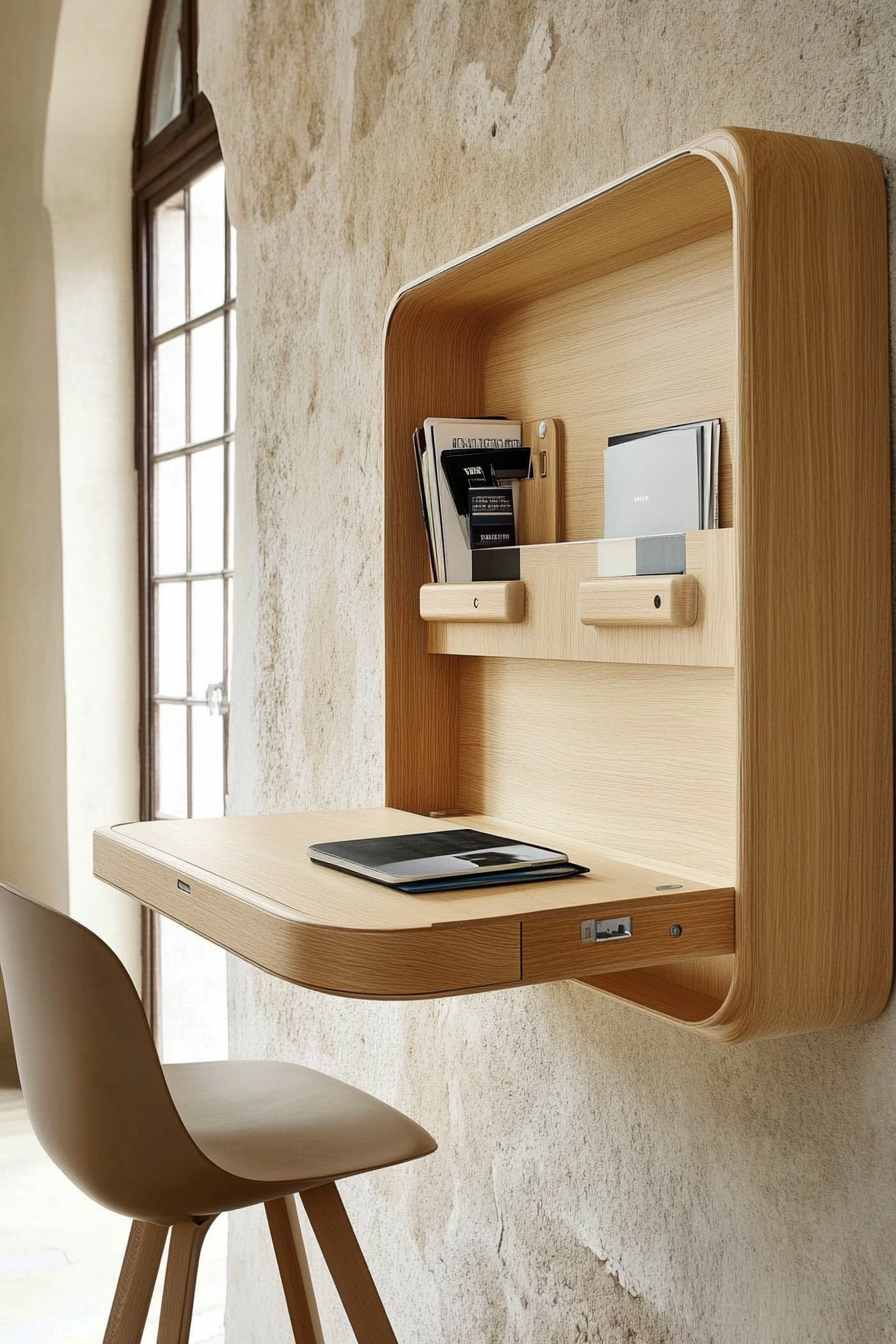 Living room inspiration. Vertically-mounted fold-out wall desk in oak.