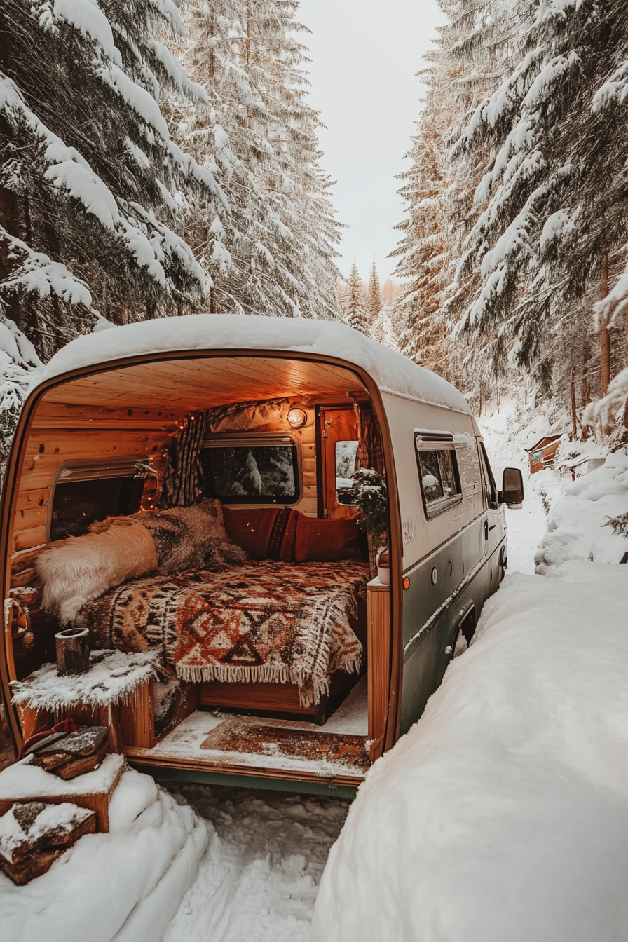 Split image. Warm-toned cozy camper interior, snowy exterior.