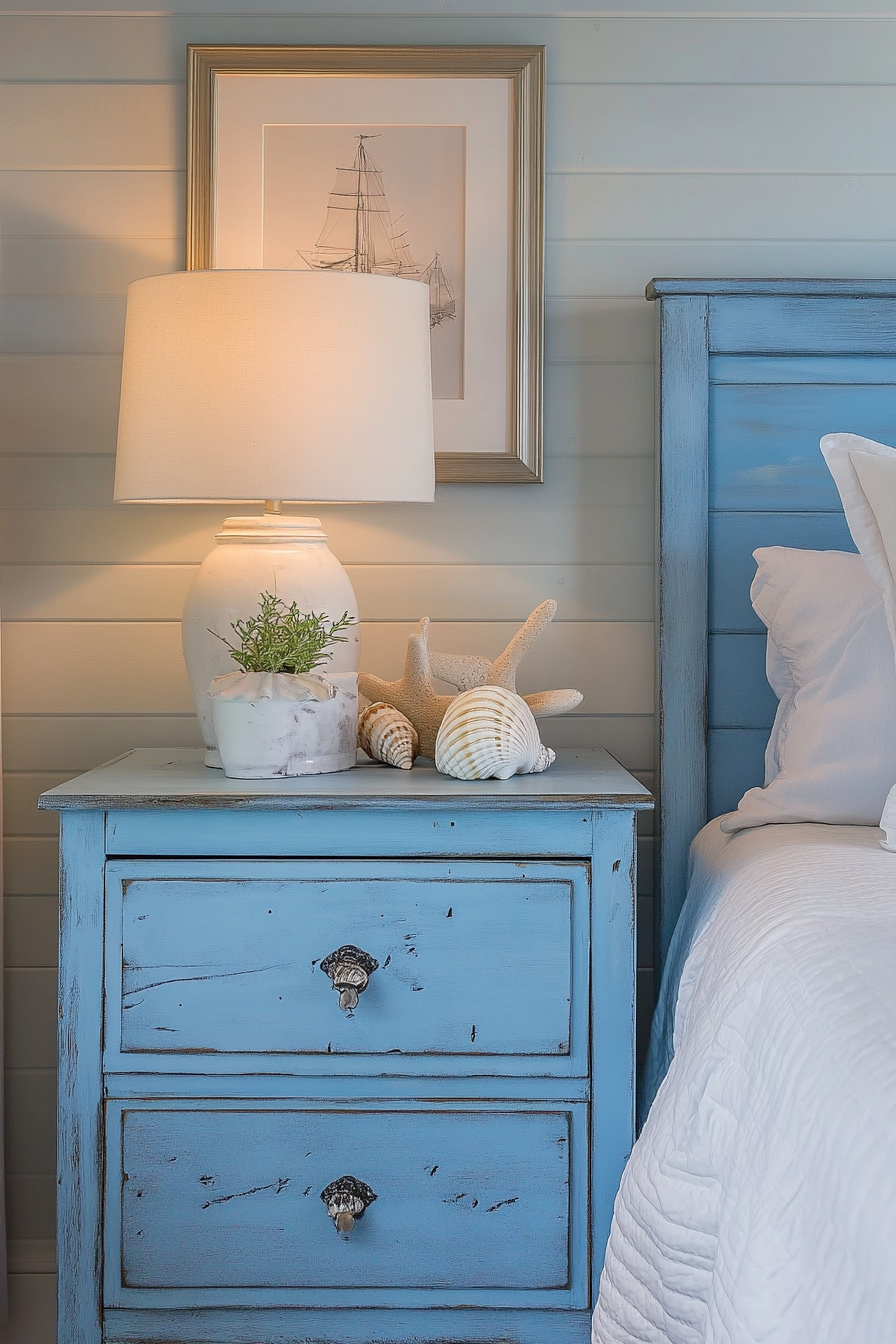 Coastal bedroom. DIY seashell shadowbox on distressed blue wooden nightstand.