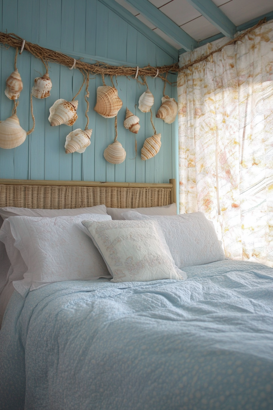 Coastal bedroom. DIY seashell curtain with sky-blue painted walls.