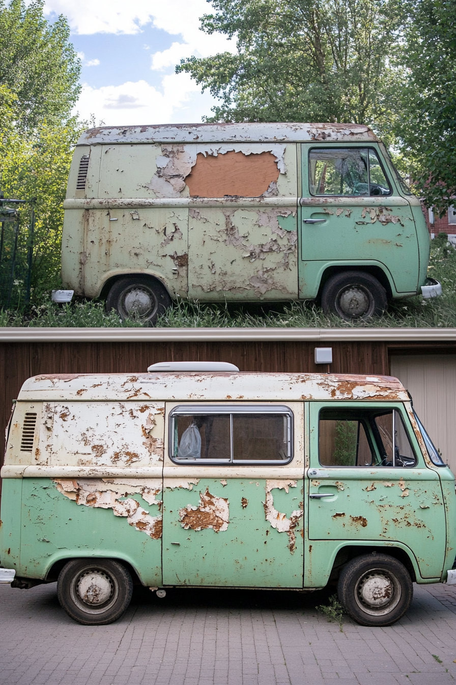 Camper makeover. Mint green camper van, peeling paint before and polished after.