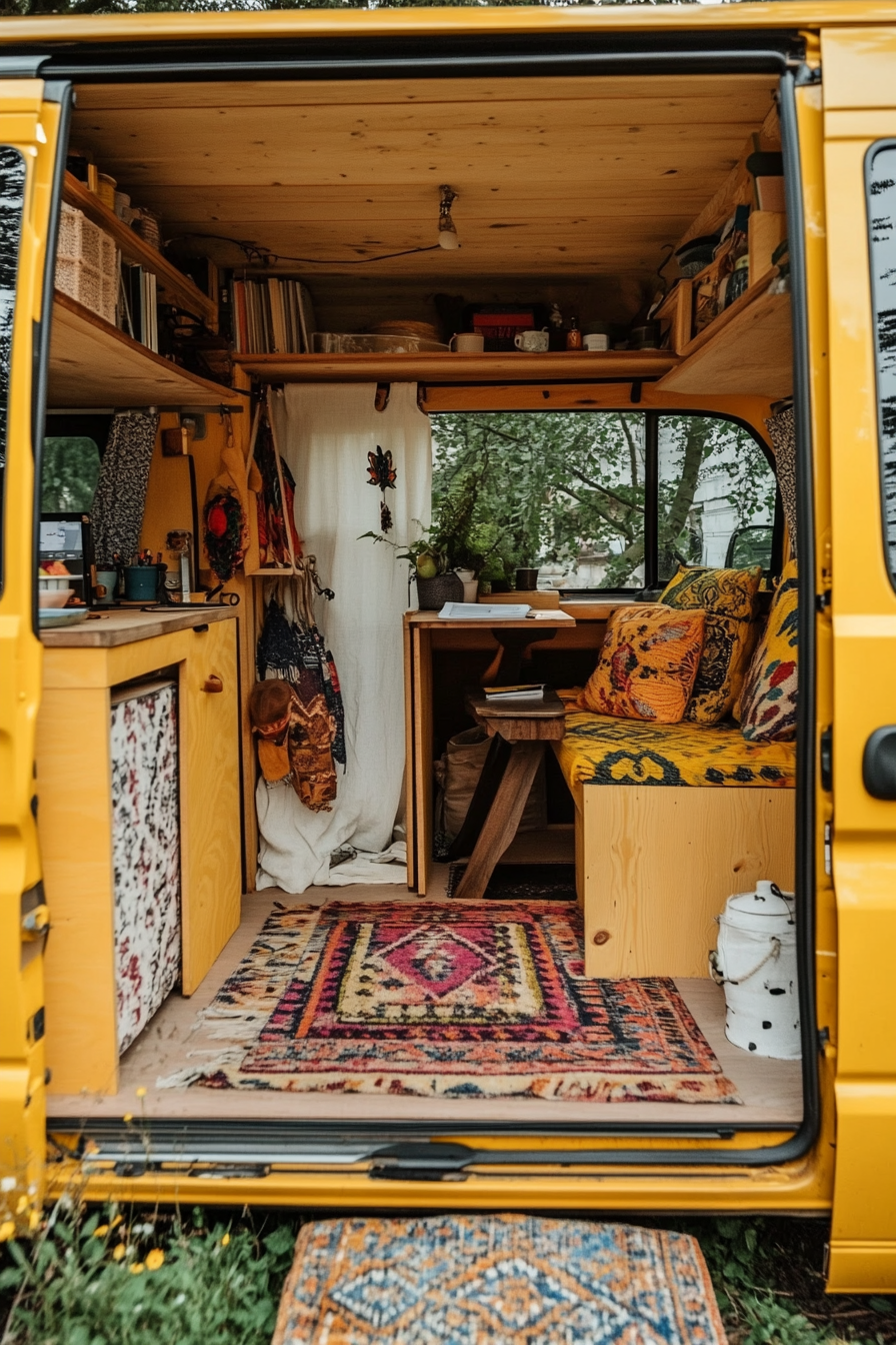 Camper van. Bright yellow exterior, bohemian patterns, compact office setup inside.