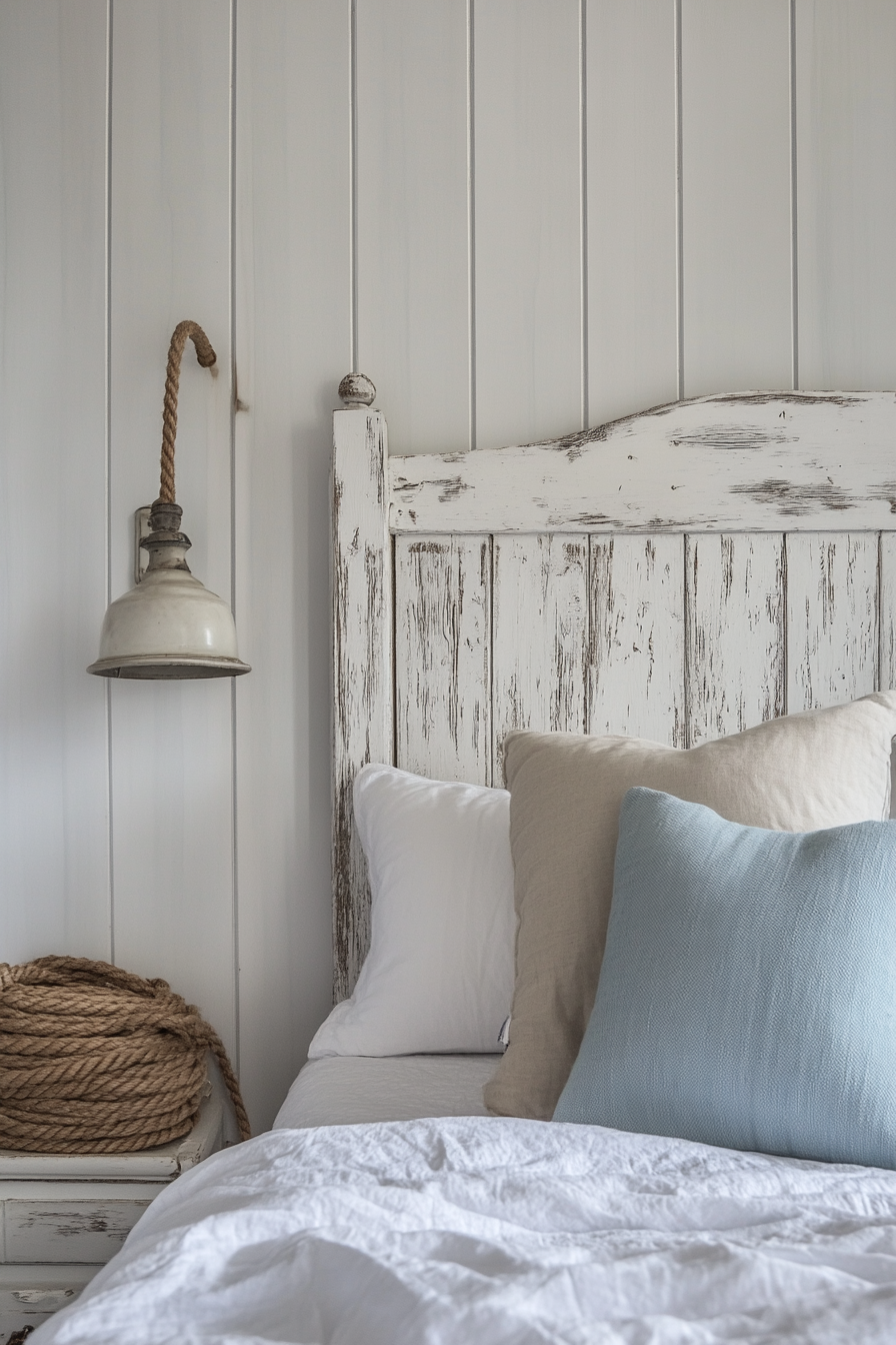 Coastal bedroom. Distressed whitewash wooden headboard and DIY rope lamp.