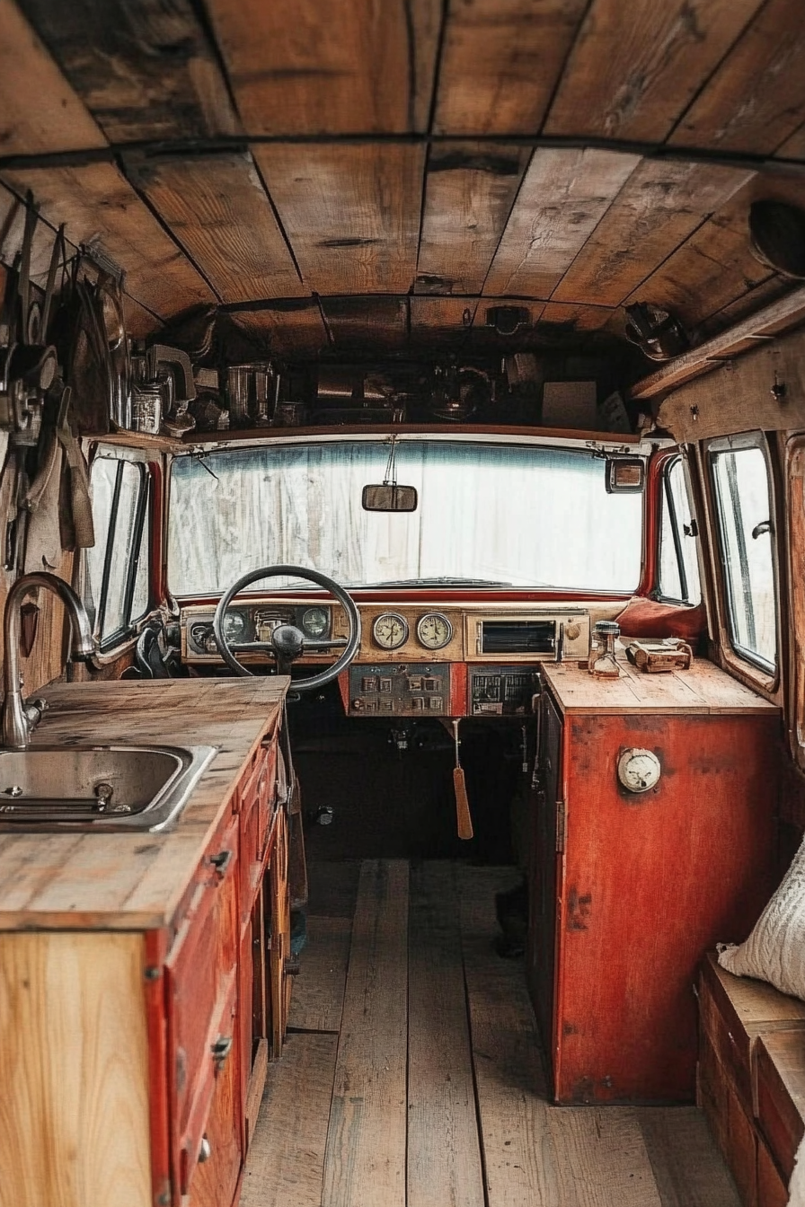 Camper van. Rusty red color, vintage dials, exposed wooden beams, industrial fixtures.