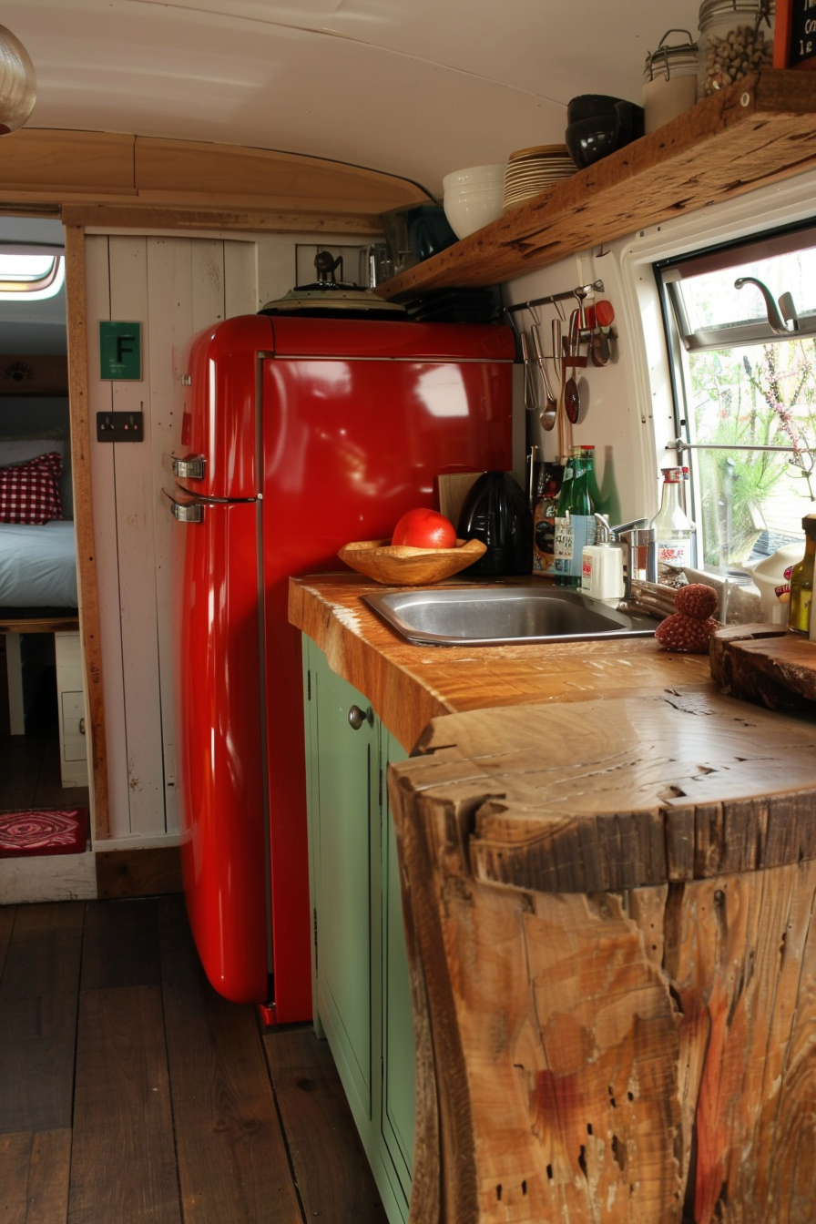 Camper van kitchen. Wooden countertops with retro red refrigerator.