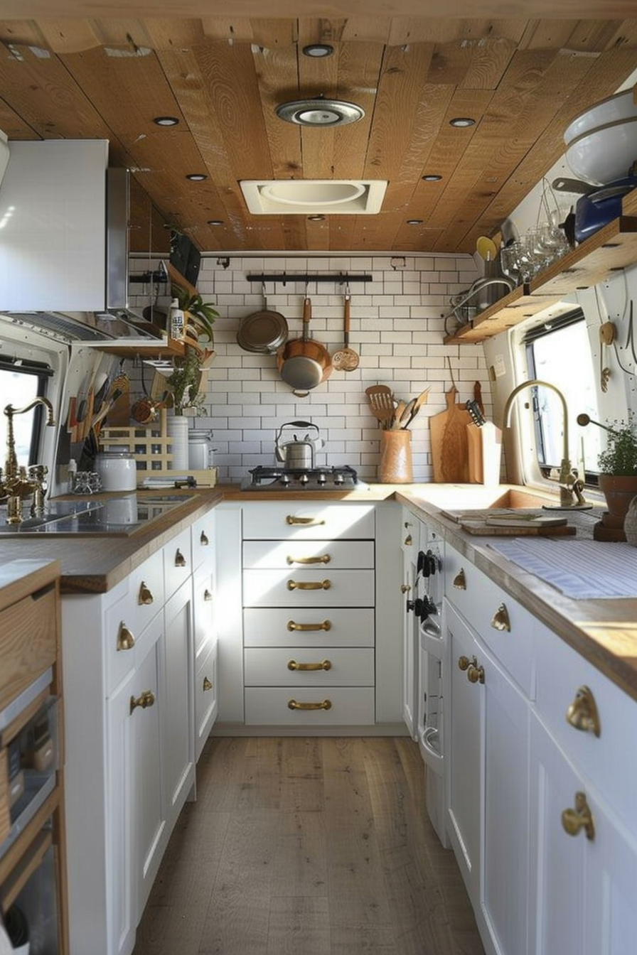 Camper van kitchen. Rustic oak countertop with brass fixtures.