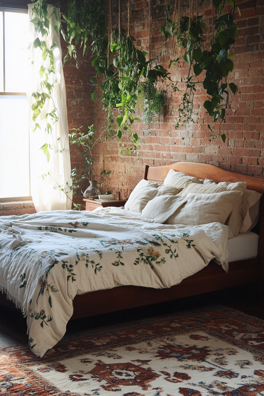 Earthy boho bedroom. Solid wood bed against a brick wall, filled with hanging green plants.