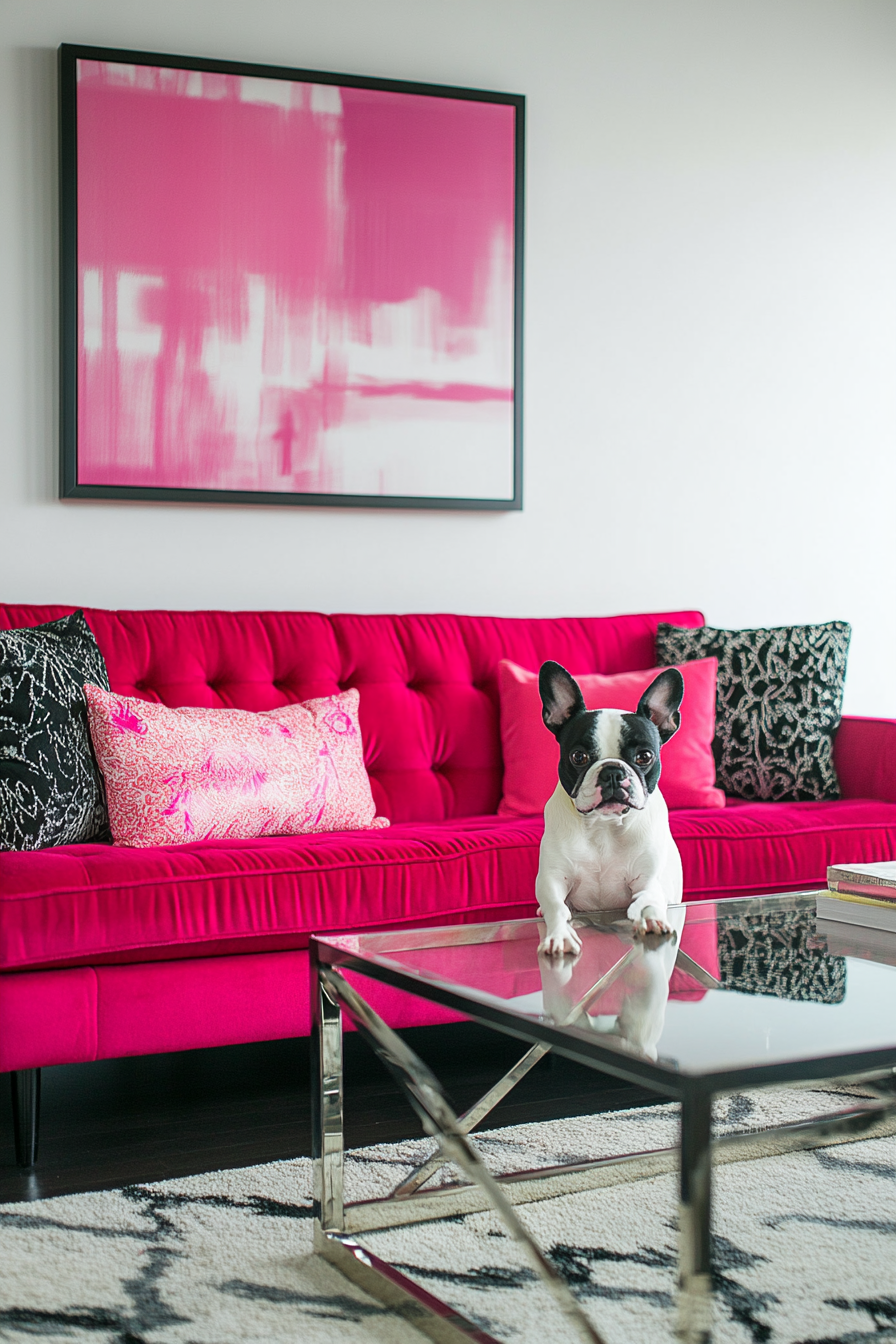 Urban tiny living room. Wide view, fuchsia sofa, glass coffee table, black-and-white toy breed dog.