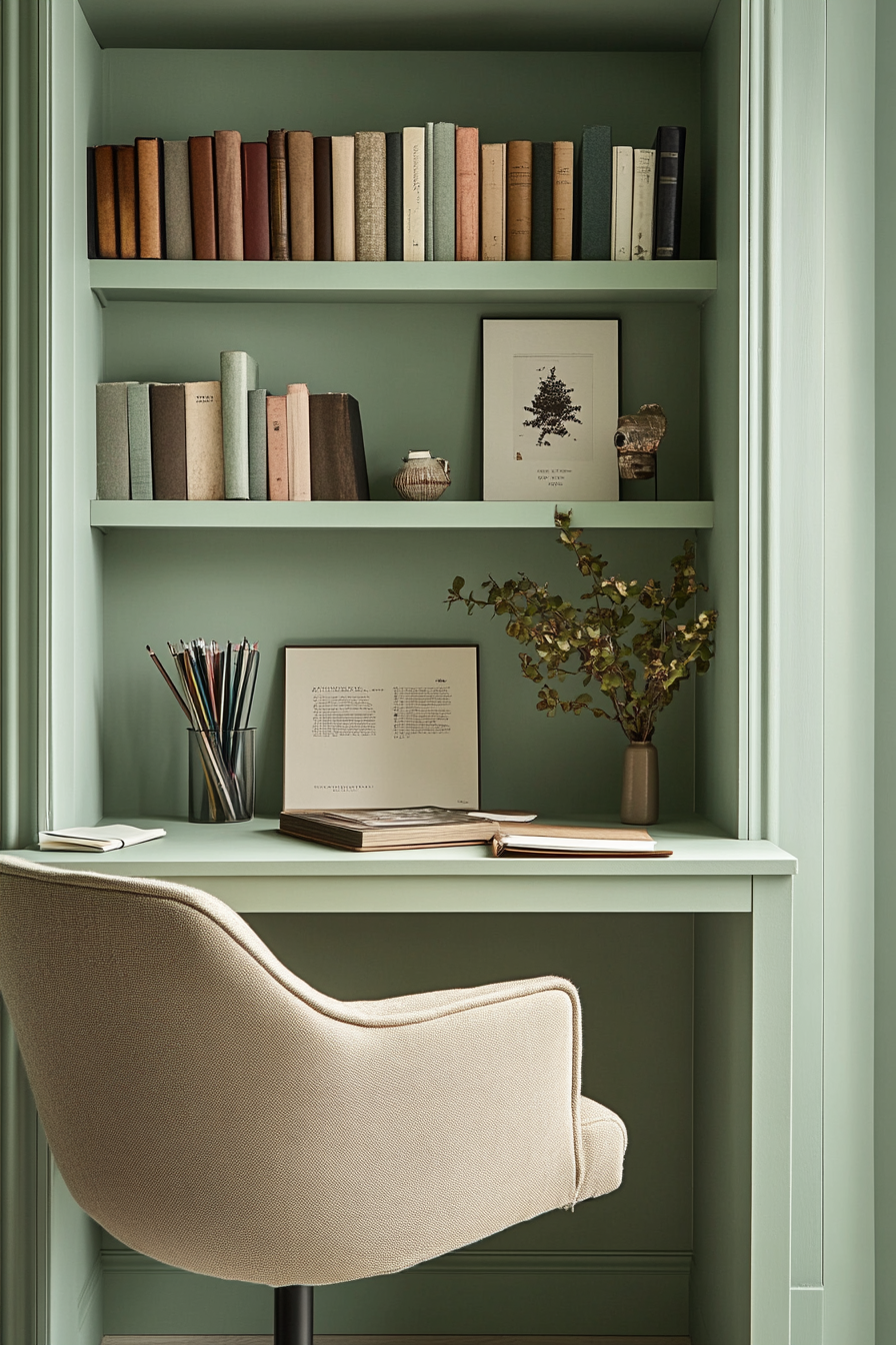 Home office inspiration. Compact desk with in-built shelves against a mint green wall.