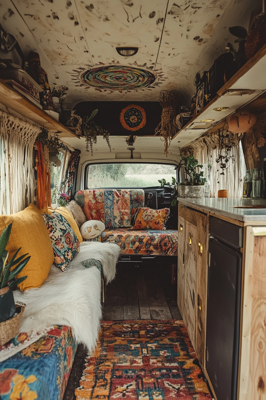 Boho-luxe camper van. Handpainted murals, macrame hangings, and brass fixtures.