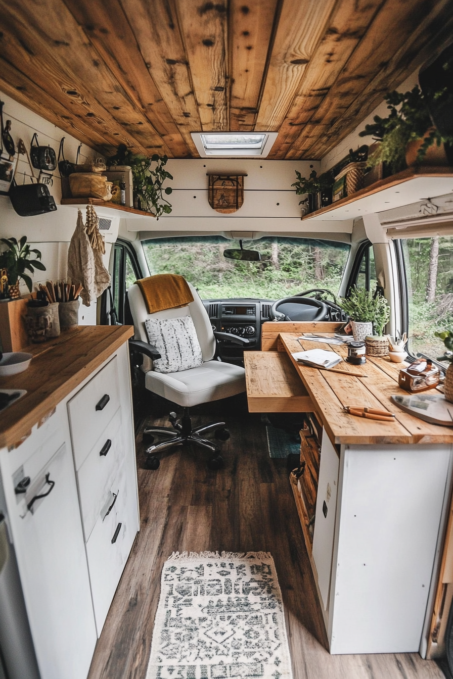 Converted van. White interior with wooden desk and swivel chair.