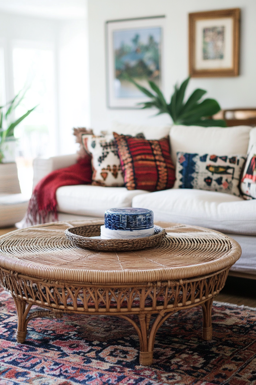 Boho living room. Rattan coffee table with patterned earth-toned rug.