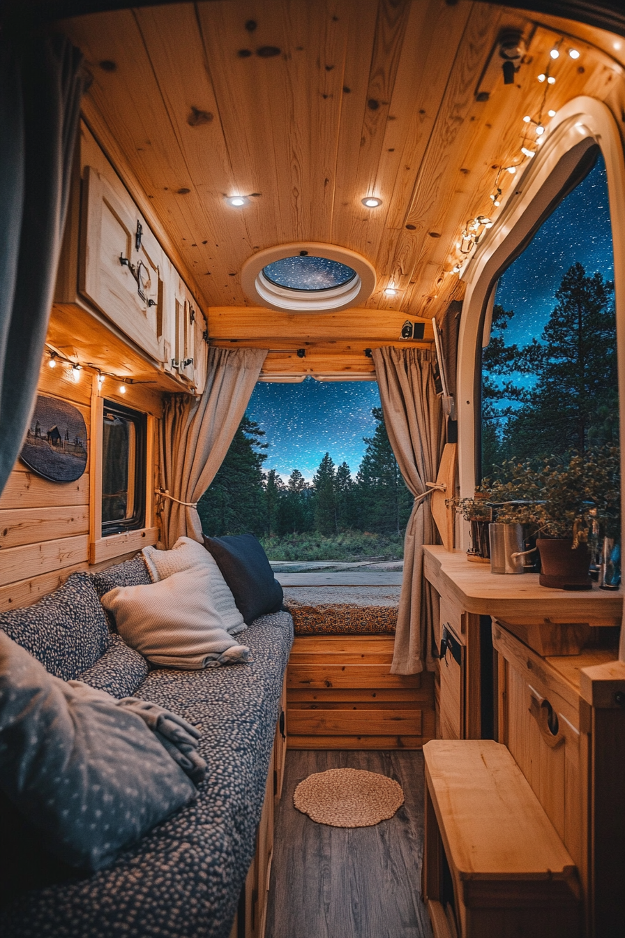 Tiny House Camper split image. Drawn curtains reveal pine-clad interior, external view under the starlit sky.