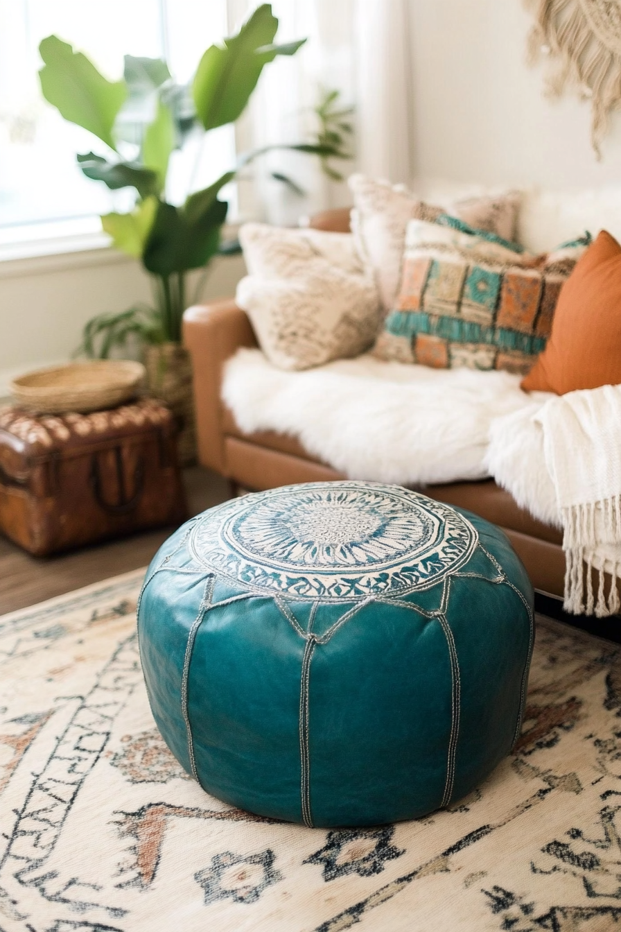 Boho living room. Turquoise leather pouf as centerpiece.