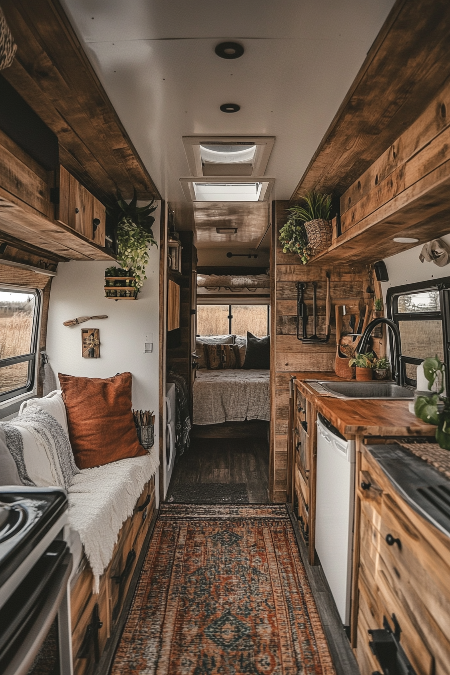 Tiny house camper. Symmetrical split image of rural interior and urban exterior.