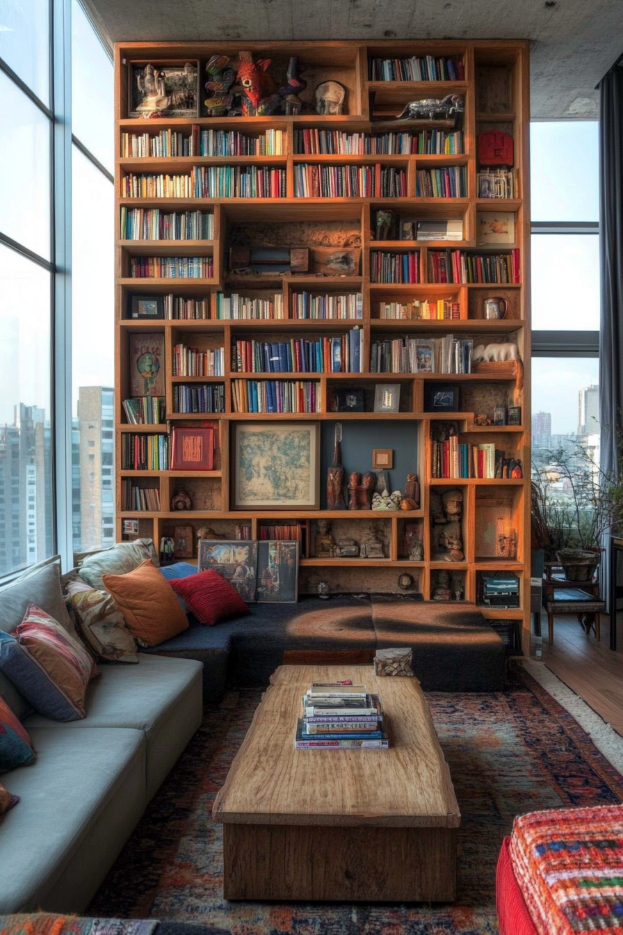 Living room design for tiny spaces. Multilevel bookcase adding vertical depth.