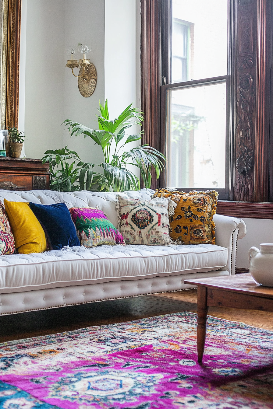 Bohemian living room. Standout Persian rug with vibrant color scheme.