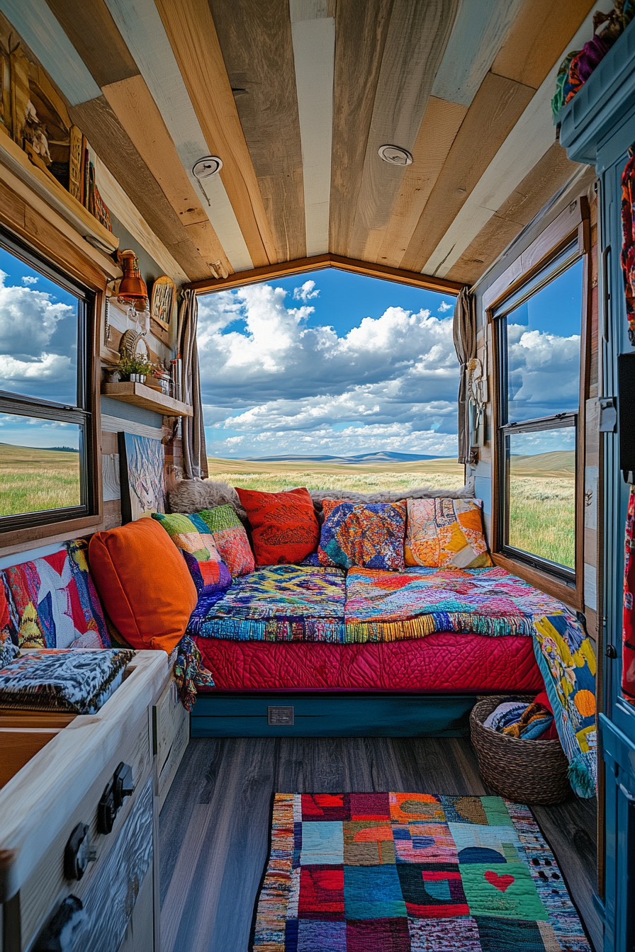 Split image. Tiny House Camper interior with colored quilts and exterior with blue cloudy sky.