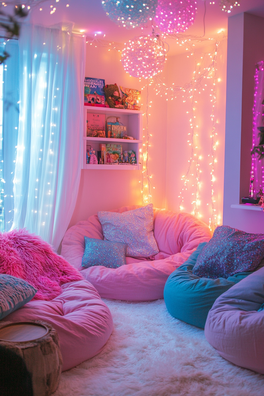 Whimsical bedroom. Bean bag chairs surrounded by pink and blue fairy lights.