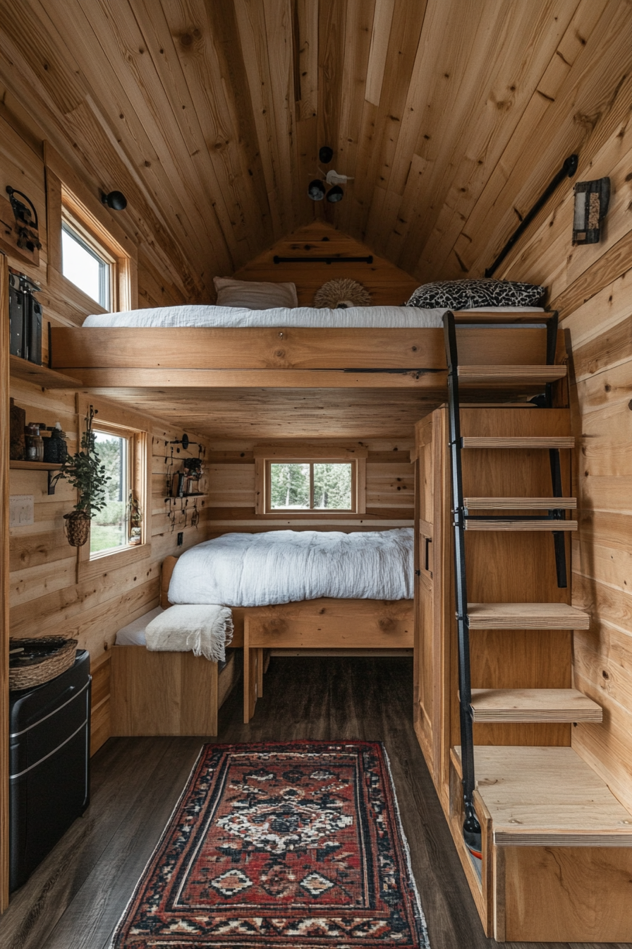 Splitted image. Ladder lofted bedroom inside, wood-panelled exterior of Tiny House Camper.