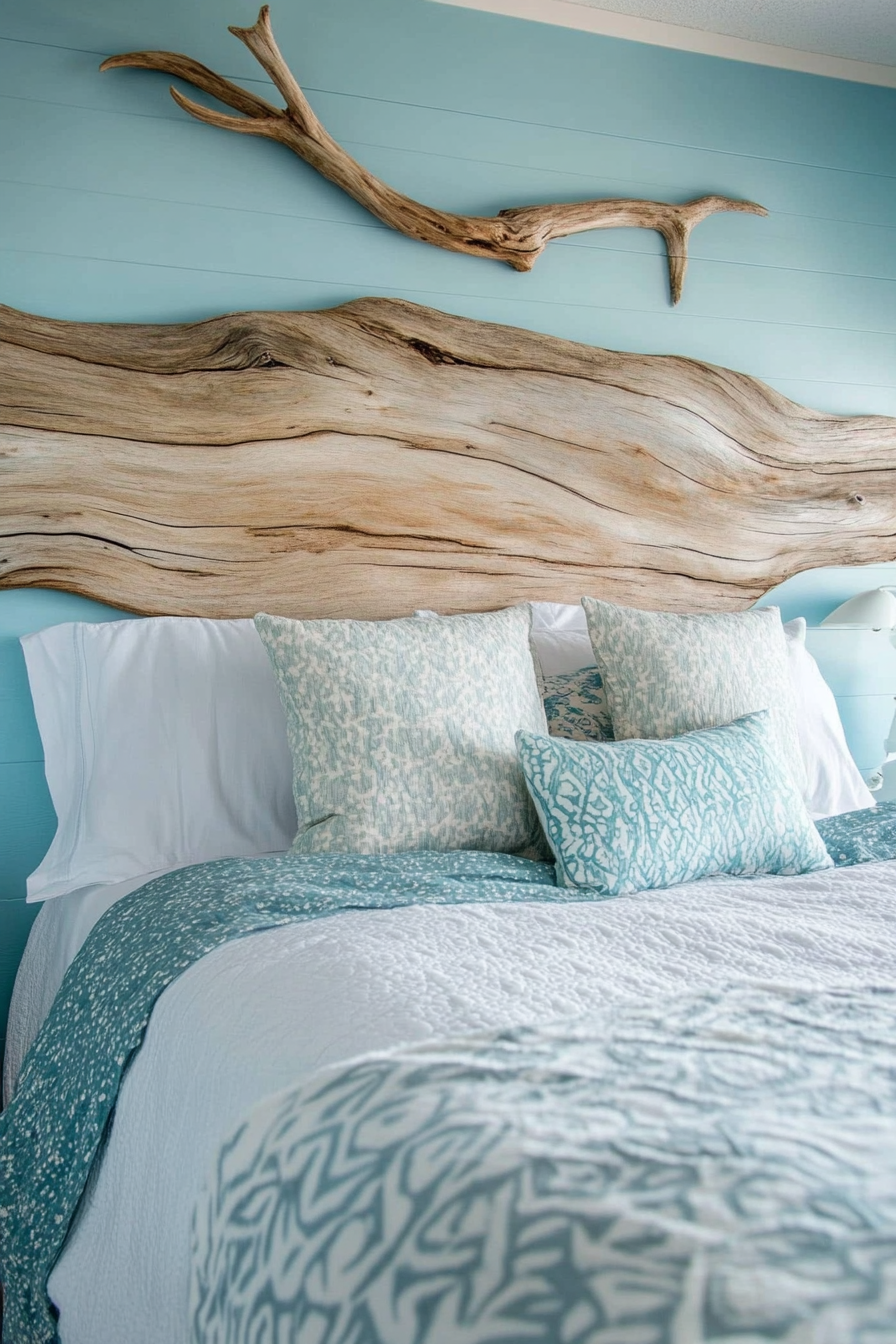 Coastal bedroom. DIY driftwood headboard against ocean blue wall.