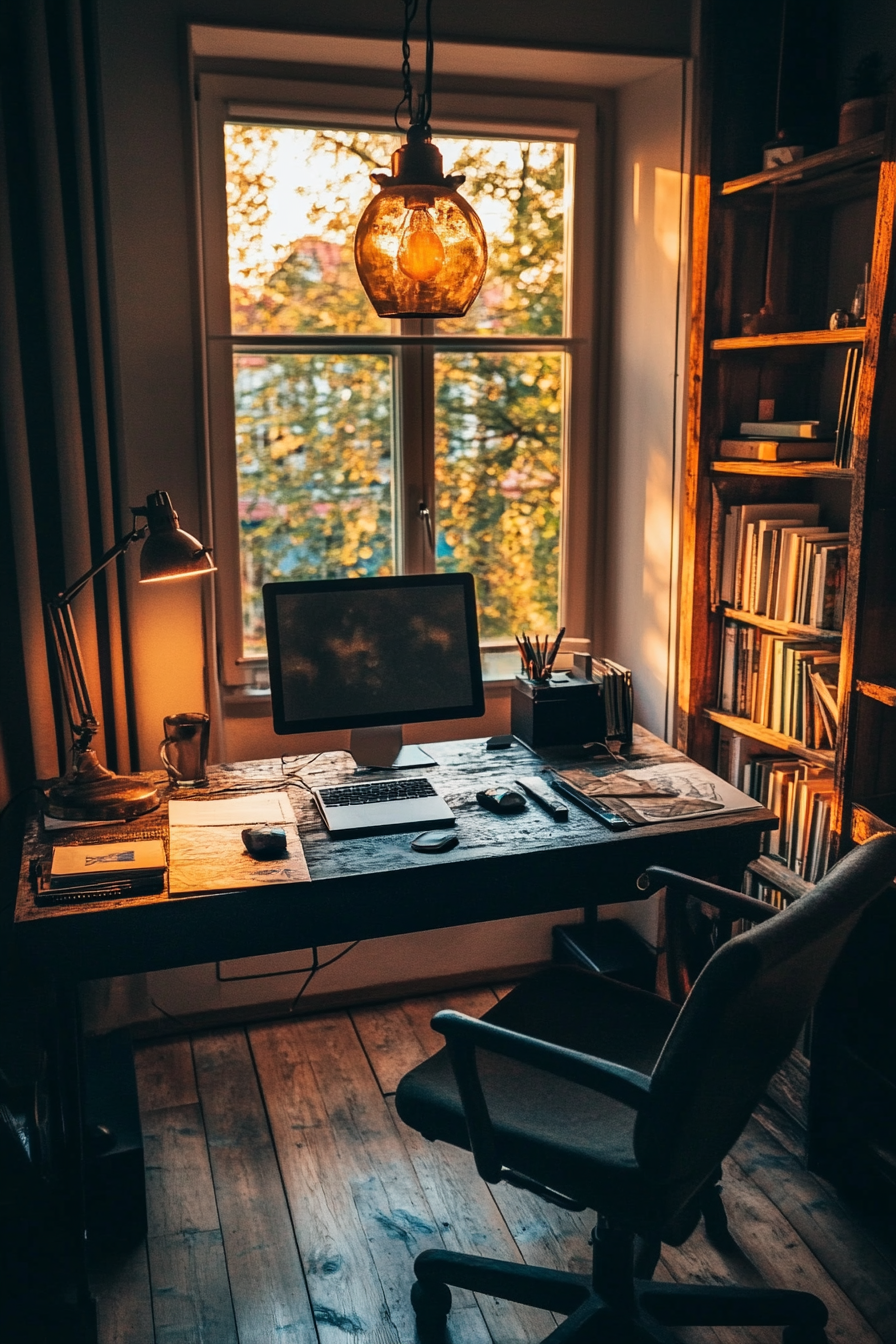 Remote work setup. Black vintage writing desk with rustic light pendant.