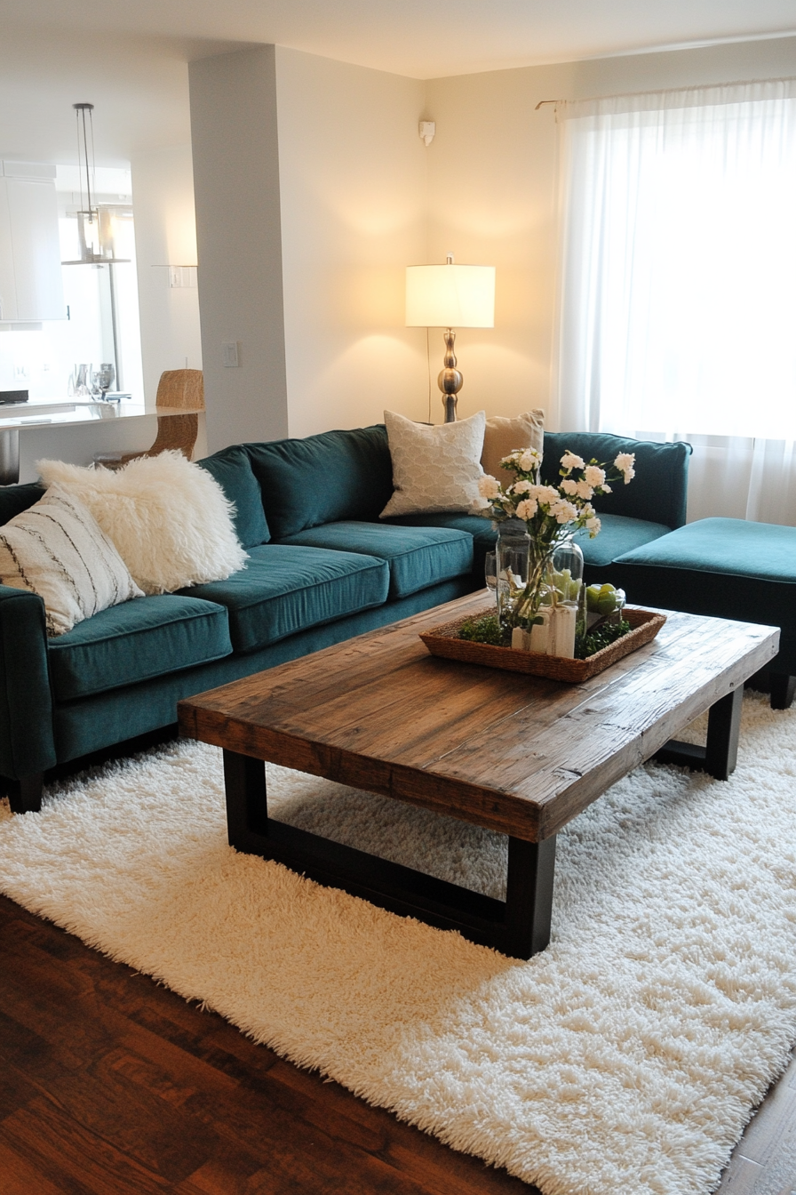 Urban tiny living room. Muted teal sectional, dark oak coffee table, large white area rug.