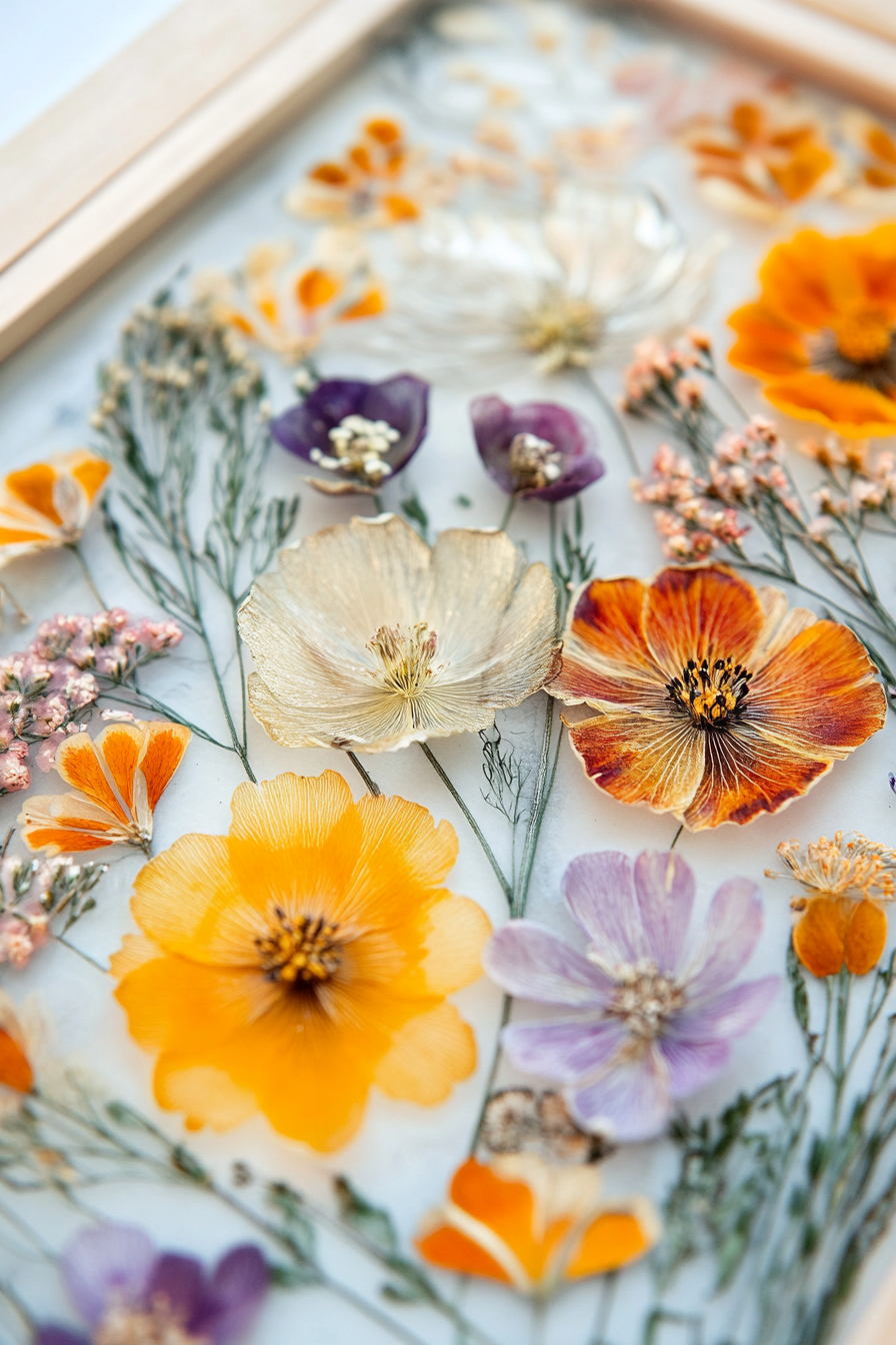 DIY wall decor idea. Framed pressed flowers arrangement.