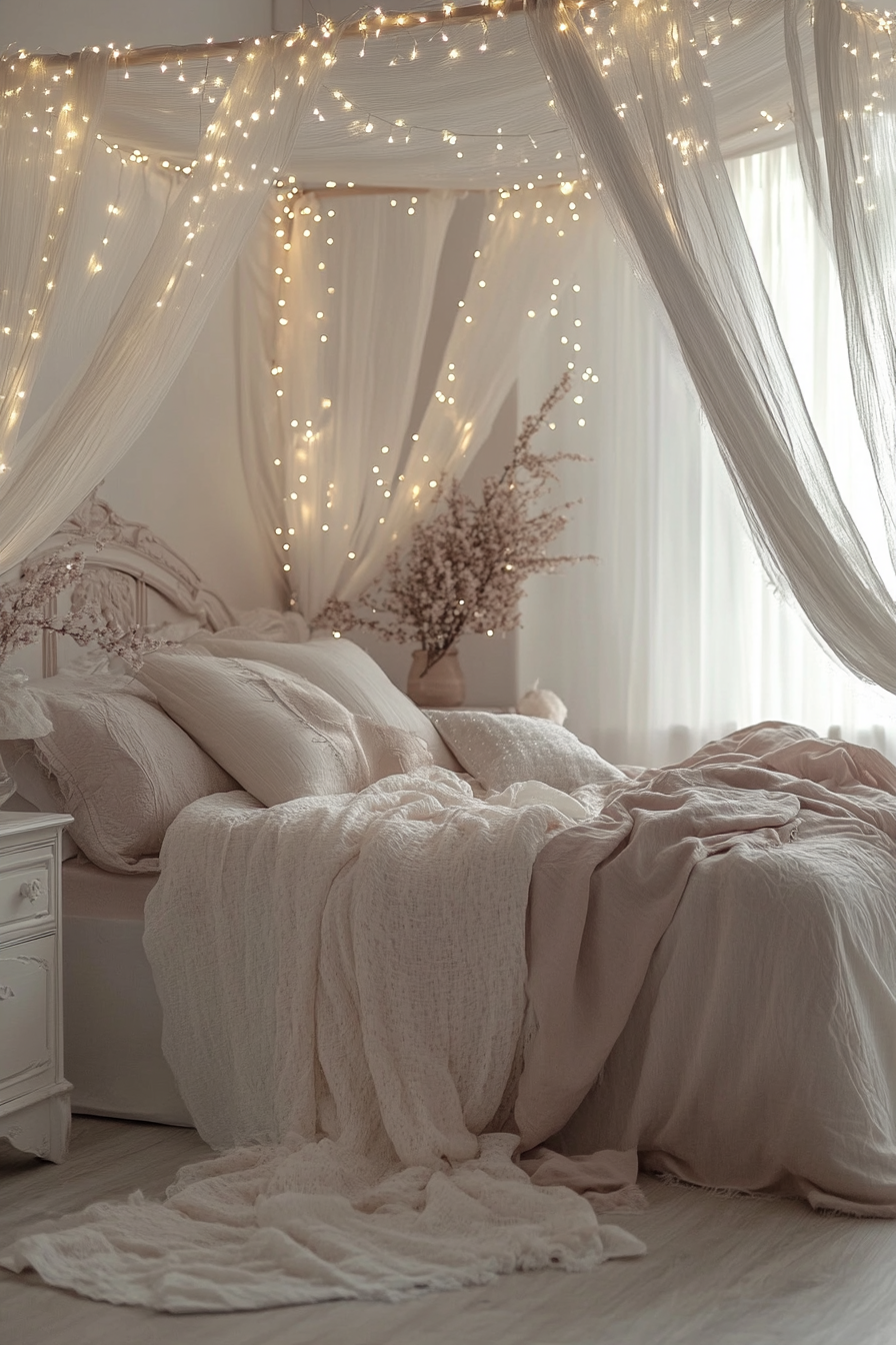 Boho whimsical bedroom. Canopy bed with rose gold fairy lights.