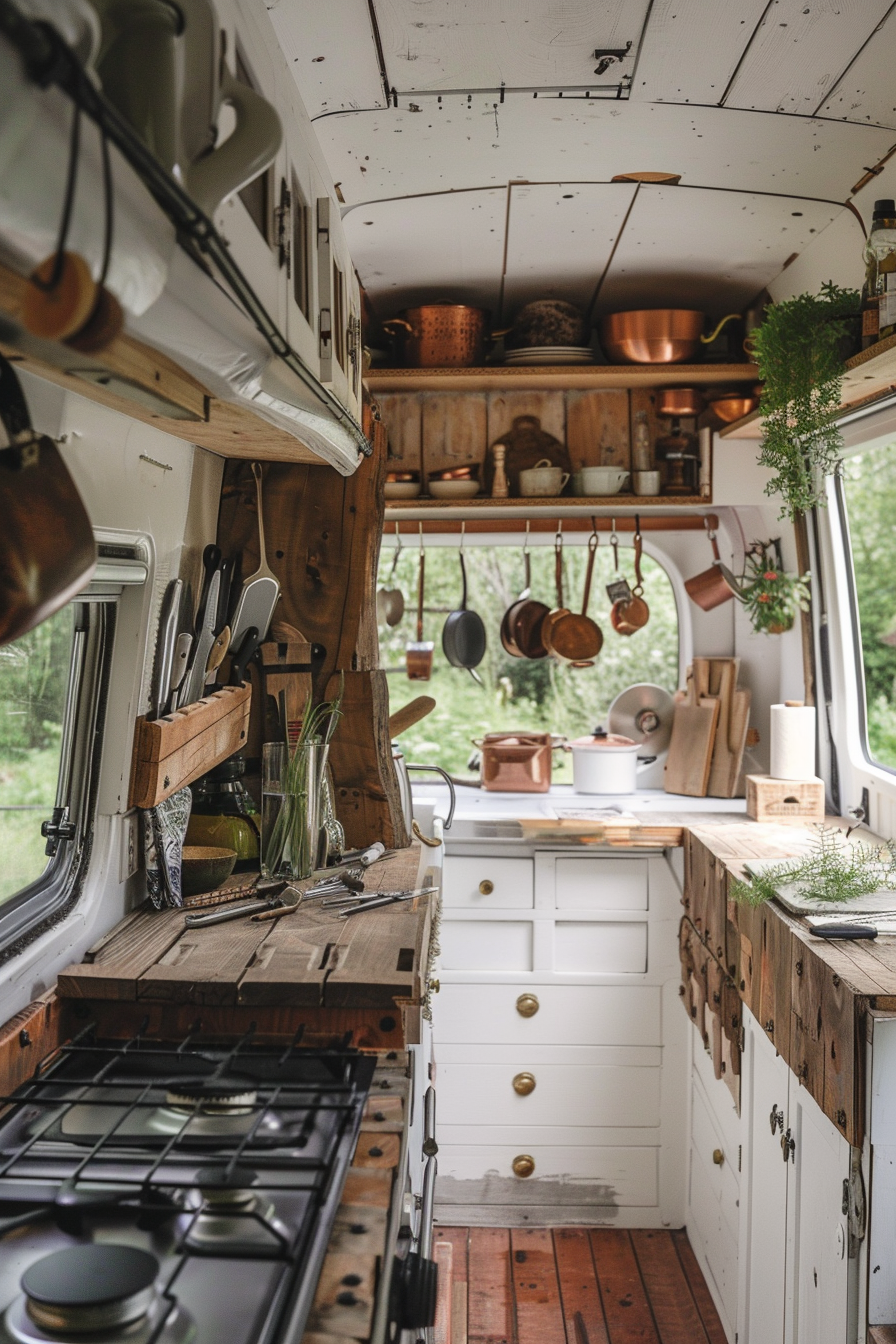 Rustic camper van kitchen. Timber-framed windows and hanging copper cookware.