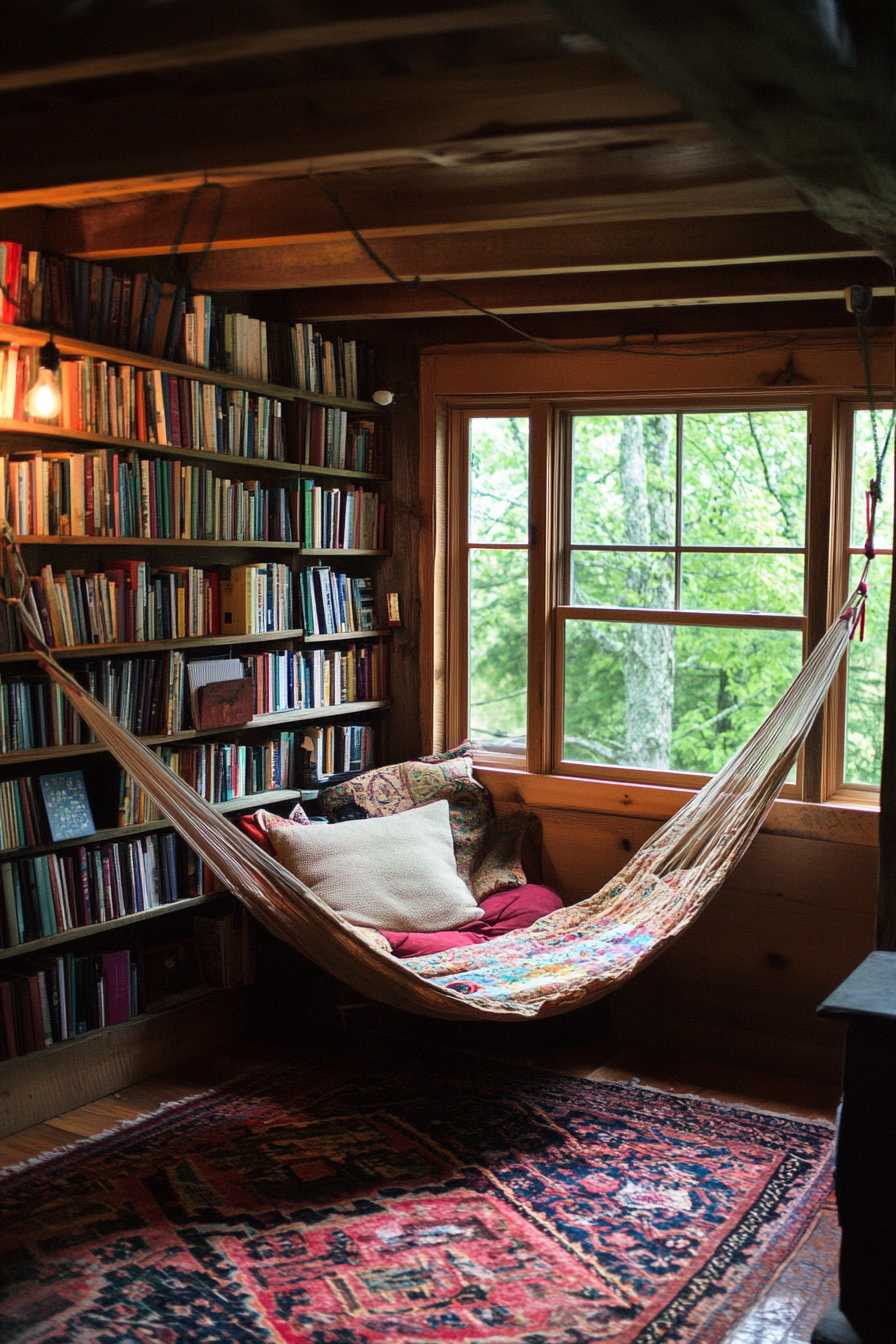 Tiny living space. Bookshelf wall with dangling ecology hammock.