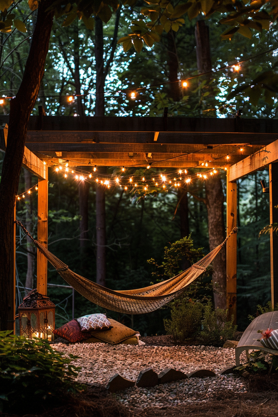 Wide chic boho patio view. Hammock draped under multicolored market string lights.