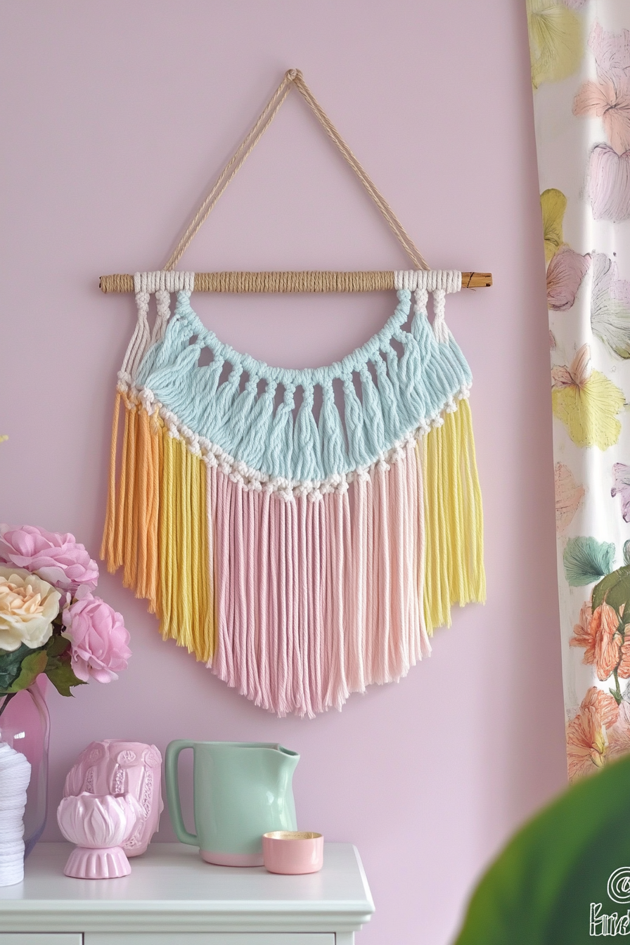 DIY wall decor. Retro macrame wall hanging in pastel shades.