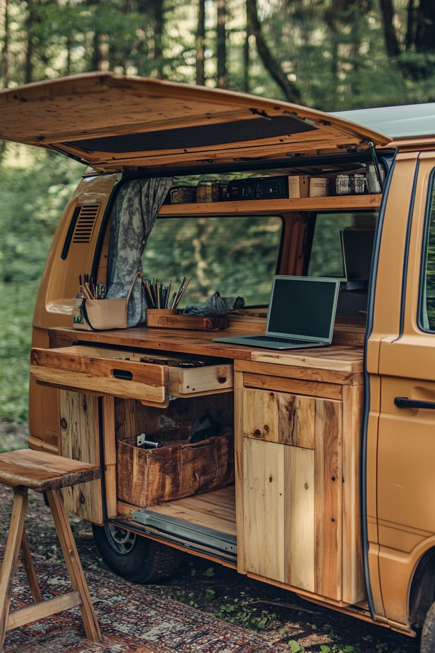 Camper van. Volkswagen with handmade wooden furniture and a pull-out laptop stand.