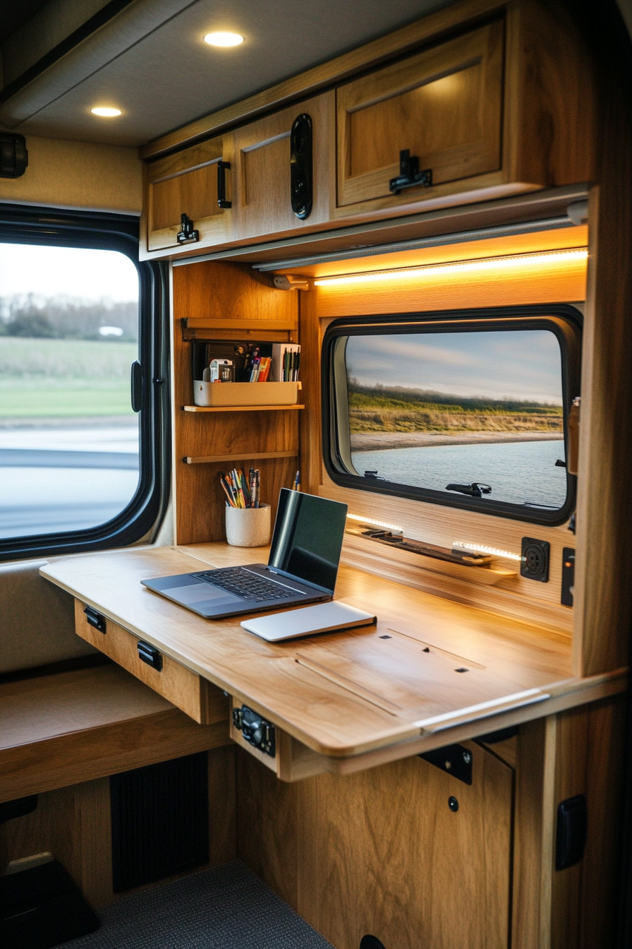 Mobile office in RV. Fold-down desk facing rear window with overhead storage cubbies.