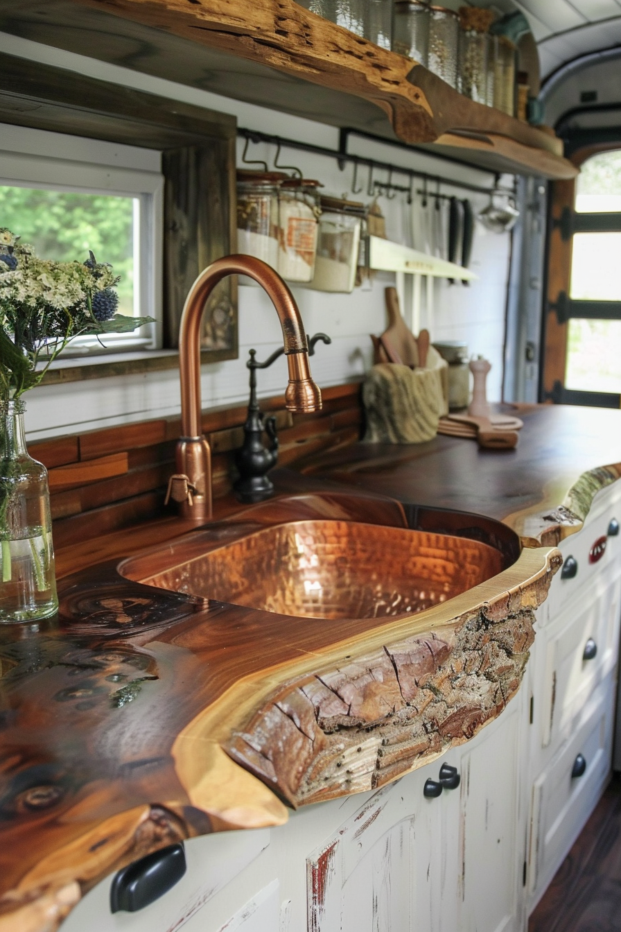 Rustic camper van kitchen. Reclaimed wood countertops with copper sink.