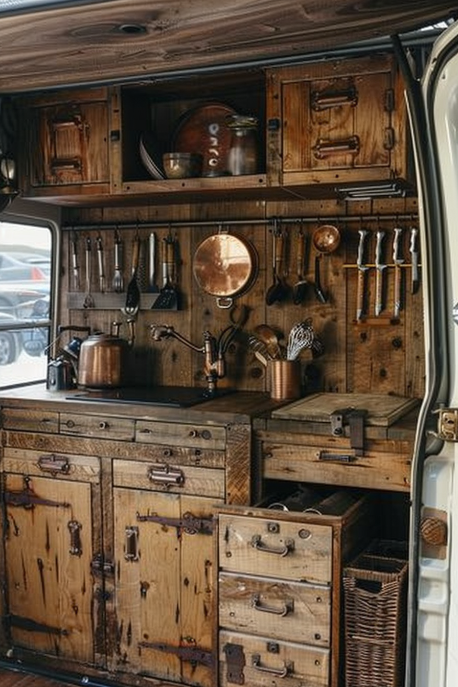 Camper van kitchen. Reclaimed wood cabinets with copper utensils.