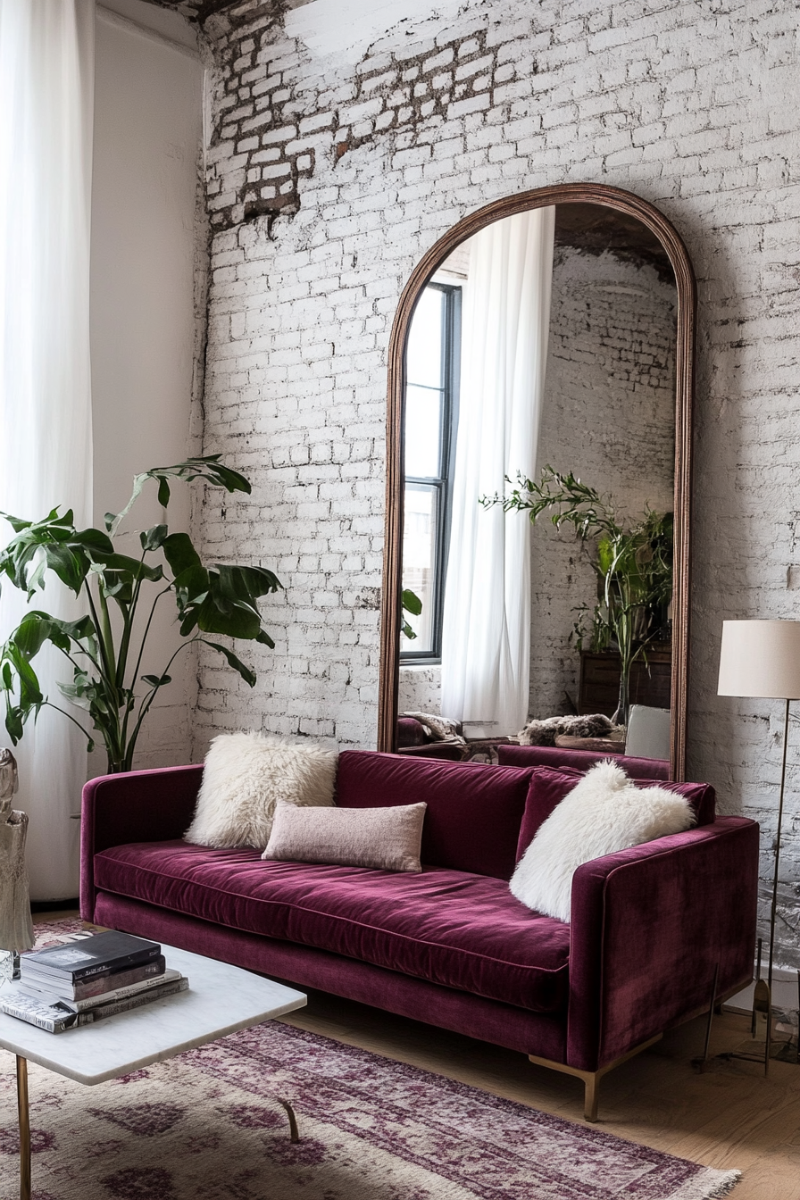 Living room design. Tall mirror along textured brick wall, compact berry-colored sofa.