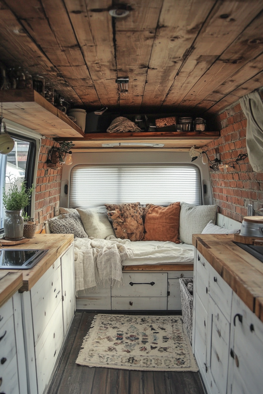 Camper van interior: exposed brick and reclaimed wood accents.