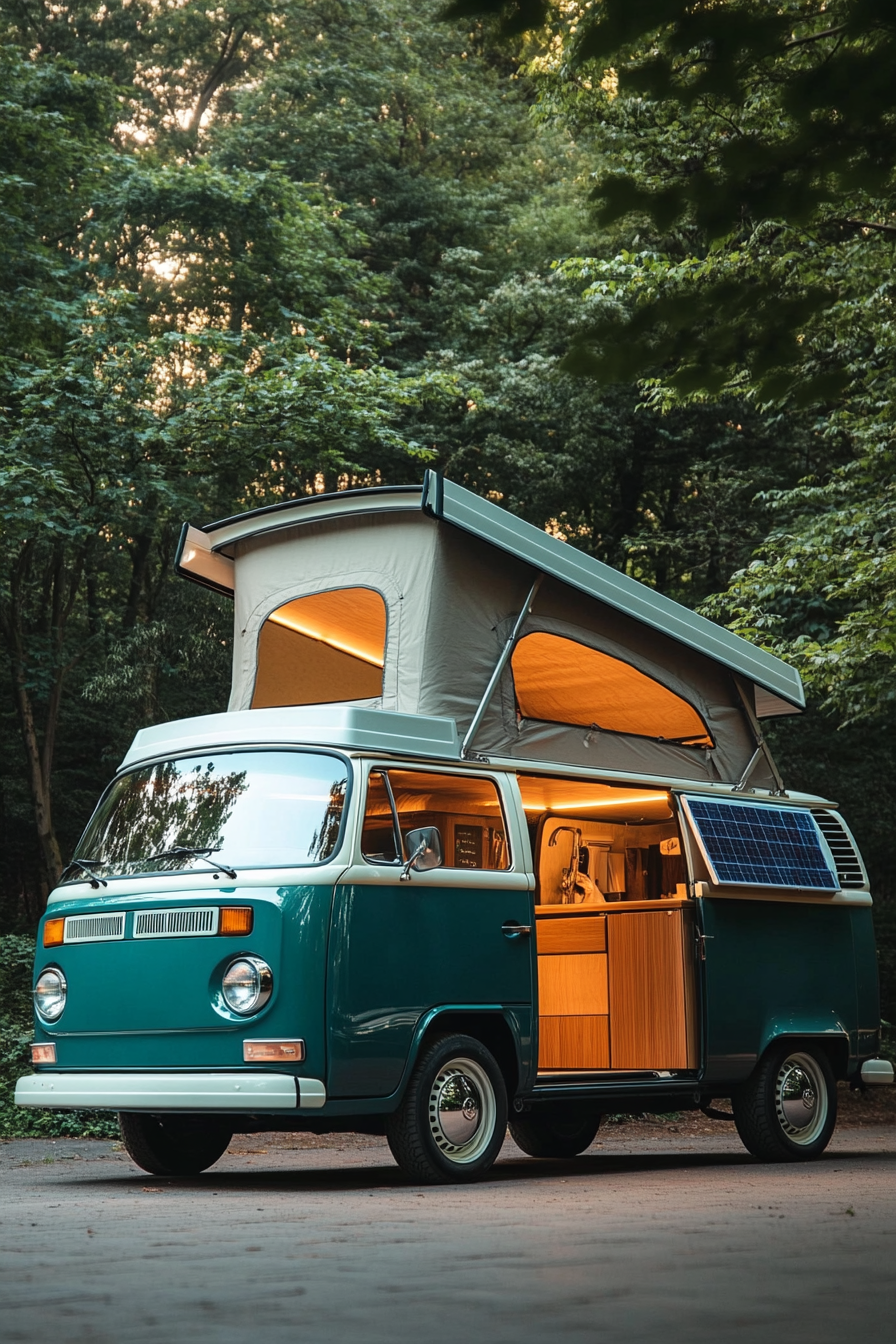 Camper van. Teal Volkswagen with rooftop solar panels and oak interior office.