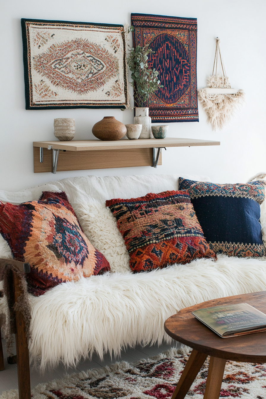 Living room decor. Wall-mounted folding desk with jewel-toned boho pillows.