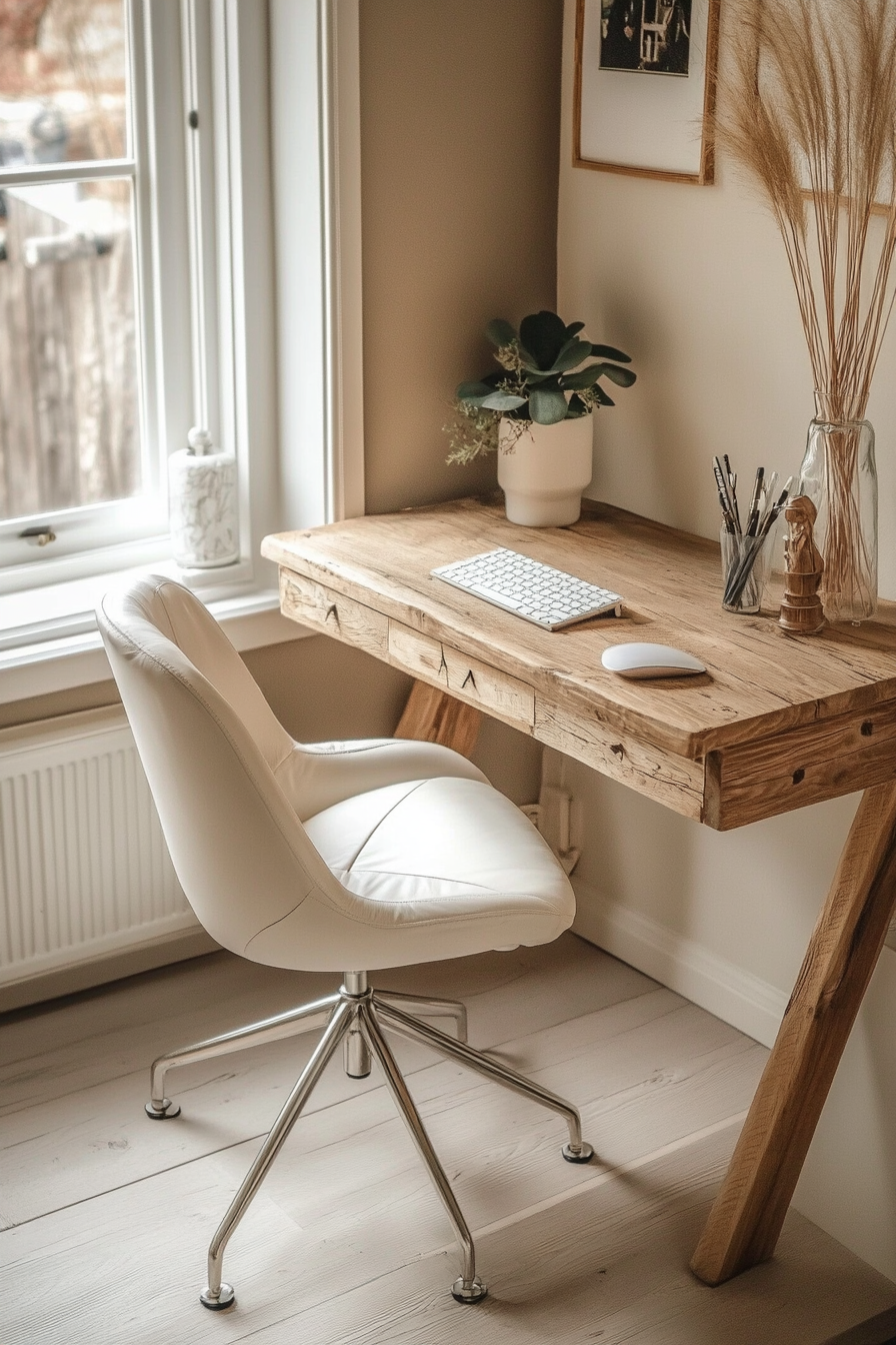 Home Office Inspiration. Wood finished compact desk with white ergonomic chair.